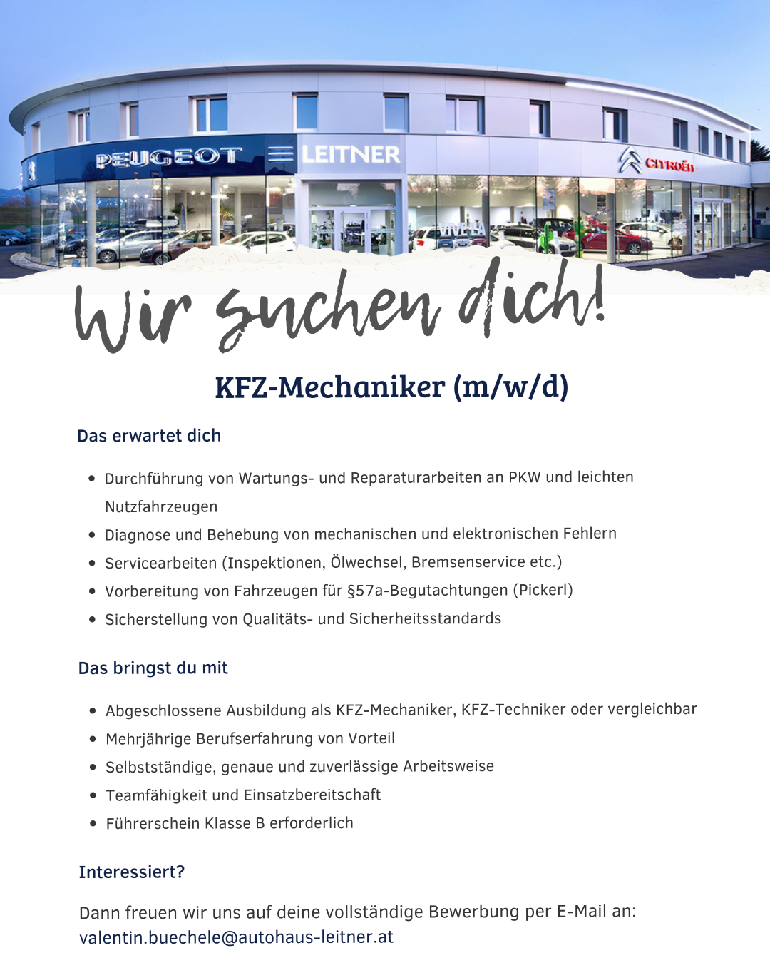 Stellenanzeige KFZ-Mechaniker (m/w/d) bei Autohaus Leitner
