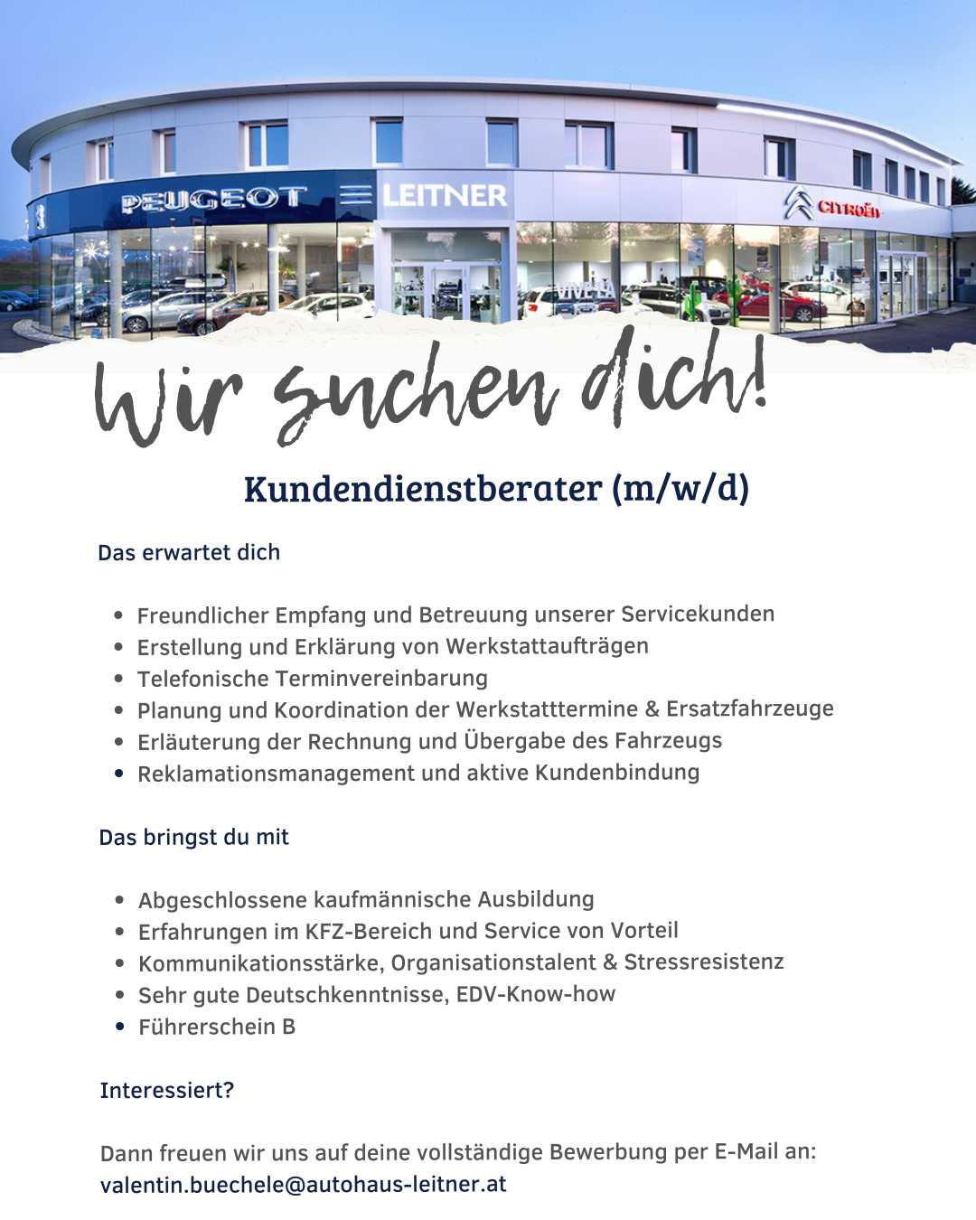 Stellenanzeige Kundendienstberater (m/w/d) bei Autohaus Leitner