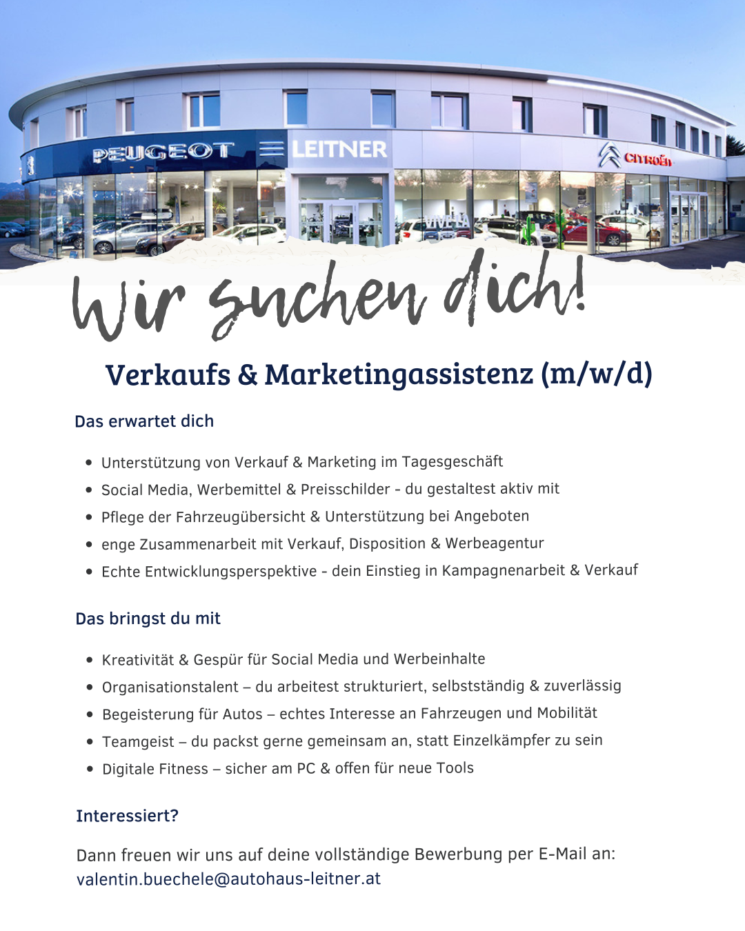 Stellenanzeige Verkaufs- & Marketingassistenz (m/w/d) bei Autohaus Leitner